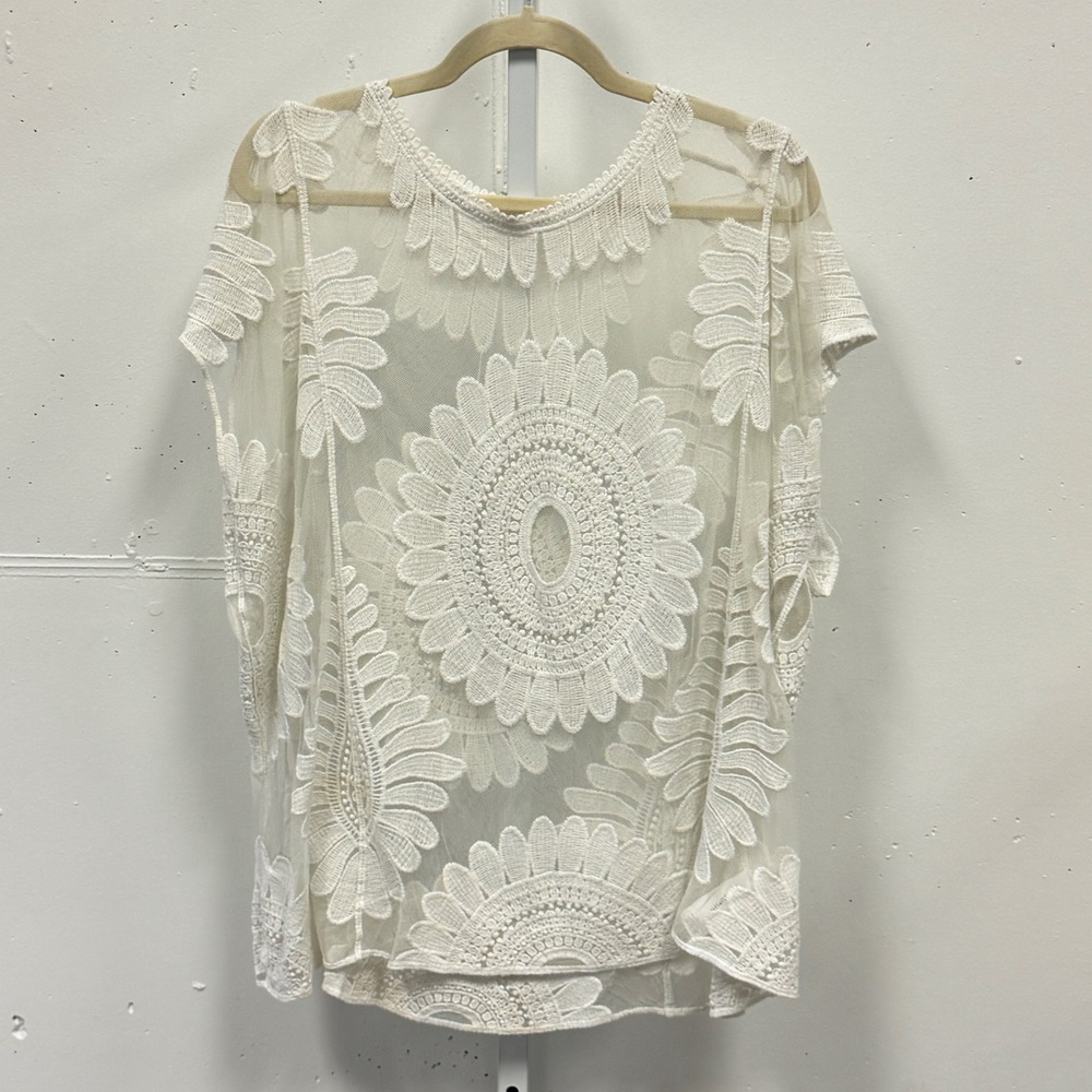 Cupshe Off White Floral Lace Mesh Swim Cover Up Top Tunic Sheer Boho Beachwear
